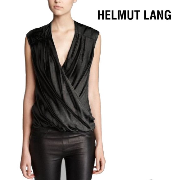 Helmut Lang Tops - Helmut Lang Black Semi Sheer Faux Wrap Deep Plunging V Neck Top Size M